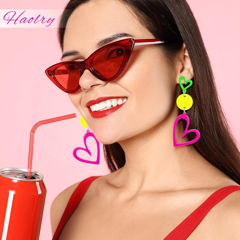HOLYRY Neon Heart Earrings for Women Acrylic Neon Earrings 80s 90s Outfit for Women Glow Party Accessories Gifts Hot Pink Orange Green Yellow - Image 5